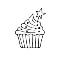 cupcake avec étoile dessiné à la main dans un style doodle. dessert de vacances sucré vecteur
