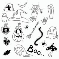 un ensemble d'éléments de doodle pour halloween. un ensemble d'objets sur un fond blanc. vecteur