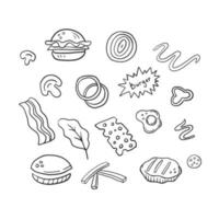 Doodle burger avec jeu d'ingrédients vecteur