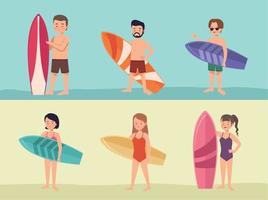 six personnages de jeunes surfeurs vecteur