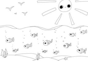 mignons bébés poissons dans l'ensemble de lignes isolées de la mer, livre de coloriage de doodle. croquis de collection d'illustrations vectorielles dessinés à la main. vecteur