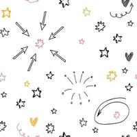 doodle dessiné à la main avec des étoiles jaunes, roses, noires, motif blanc abstrait sans couture. vecteur mignon pour papier, tissu, bébé, textile.