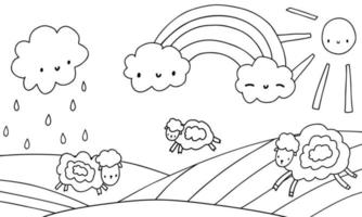 livre de coloriage de moutons de dessin animé mignon. animal avec nuages, soleil, nature, arc-en-ciel isolé. vecteur