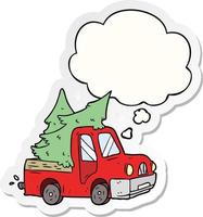 camionnette de dessin animé transportant des arbres et une bulle de pensée sous forme d'autocollant imprimé vecteur