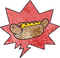 dessin animé frais savoureux hot-dog et bulle de dialogue dans un style de texture rétro vecteur