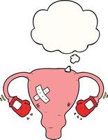 dessin animé battre l'utérus avec des gants de boxe et une bulle de pensée vecteur