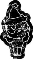 icône en détresse de dessin animé d'un homme avec une barbe portant un bonnet de noel vecteur