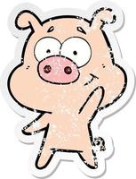 autocollant en détresse d'un cochon de dessin animé heureux vecteur