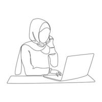 femme musulmane en hijab travaillant avec un ordinateur portable et tenant un smartphone à la main, des gens d'affaires, la diversité et le concept de bureau. femme d'affaires musulmane dessin au trait continu, illustration vectorielle vecteur