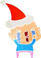 dessin animé rétro d'un homme chauve qui pleure portant un bonnet de noel vecteur