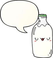bouteille de lait de dessin animé mignon et bulle de dialogue dans un style de dégradé lisse vecteur