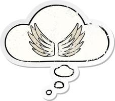 symbole d'ailes de dessin animé et bulle de pensée comme autocollant usé en détresse vecteur