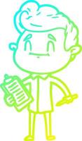ligne de gradient froid dessinant un homme de dessin animé heureux avec un stylo et un presse-papiers vecteur