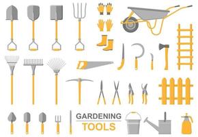 ensemble de divers articles de jardinage. outils de jardinage de l'agriculture ou du ménage du jardin de l'agriculteur. pelle, fourche, scie, hache, gants, bottes. illustration vectorielle en style cartoon isolé sur fond blanc vecteur