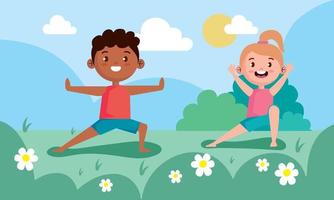 yogas pour petits enfants dans le paysage vecteur