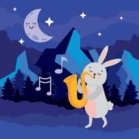 lapin jouant du saxophone la nuit vecteur