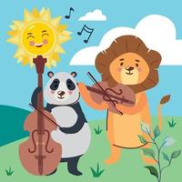 panda et lion musiciens vecteur