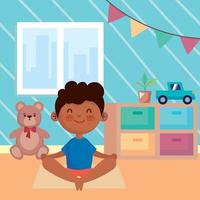 petit garçon yoga dans la salle de jeux vecteur