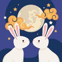 lapins du festival de la lune chinoise avec la pleine lune vecteur