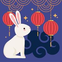 lapin du festival de la lune chinois avec des lampes rouges vecteur