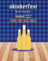 illustration d'affiche de fête oktoberfest avec bière noire fraîche, bretzel et drapeau de fête bleu et blanc. modèle de flyer de célébration de vecteur pour la bière allemande traditionnelle