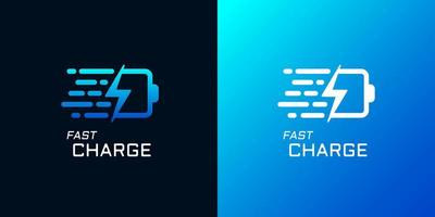 logo de charge électrique rapide. batterie avec symbole d'identité de marque de chargeur d'alimentation électrique rapide comme l'éclair. logotype linéaire de charge d'électricité de vitesse. insigne bleu de vecteur de société de recharge d'énergie express