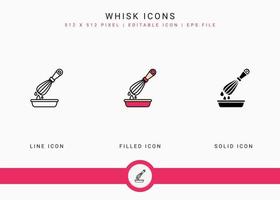 les icônes de fouet définissent l'illustration vectorielle avec un style de ligne d'icône solide. notion d'ustensiles de cuisine. icône de trait modifiable sur fond isolé pour la conception Web, l'interface utilisateur et l'application mobile vecteur