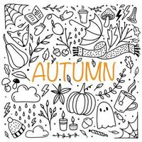 jeu de doodle d'automne. écharpe, thé, champignon, feuilles, citrouilles, gland, renard, couronne florale, bougies. éléments de la saison d'automne parfaits pour le scrapbooking, la carte, l'affiche, l'invitation, le kit d'autocollants. illustration vectorielle vecteur