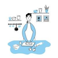 l'homme cuisine dans la cuisine. intérieur de cuisine. vecteur de dessin animé plat doodle.