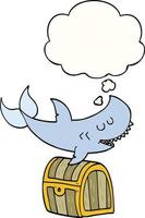requin dessin animé nageant au-dessus d'un coffre au trésor et d'une bulle de pensée vecteur