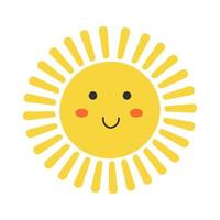 joli personnage de soleil de dessin animé avec un visage kawaii. mascotte jaune doodle simple isolée sur fond blanc. icône plate dessinée à la main. vecteur