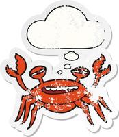 crabe de dessin animé et bulle de pensée comme autocollant usé en détresse vecteur