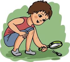 un garçon curieux de dessin animé examine un coléoptère à travers une loupe. vecteur