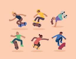 six personnages sportifs de skateurs vecteur