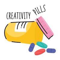autocollant plat de pilules de créativité, conception animée vecteur