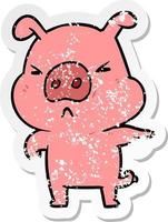 autocollant en détresse d'un cochon en colère de dessin animé vecteur