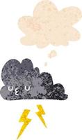 dessin animé nuage d'orage et bulle de pensée dans un style texturé rétro vecteur