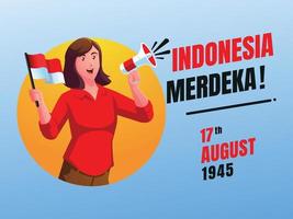 une femme tenant un drapeau indonésien célébrant le jour de l'indépendance de l'indonésie vecteur