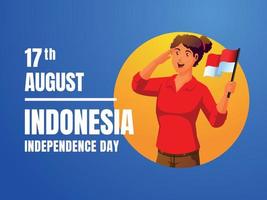 une femme tenant un drapeau indonésien célébrant le jour de l'indépendance indonésienne vecteur