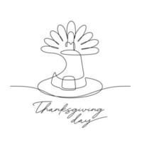 le dessin en ligne continu de la dinde et du chapeau de pèlerin célèbre le jour de thanksgiving vecteur