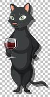 chat noir debout tenant un personnage de dessin animé de verre à vin vecteur