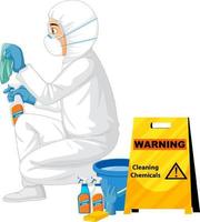 homme en combinaison de protection contre les matières dangereuses avec signe de produits chimiques de nettoyage vecteur