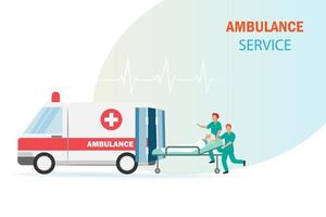 service d'ambulance d'urgence. équipe secourue déplaçant le patient sur une civière pour un traitement médical à l'hôpital. traitement médical d'urgence vecteur