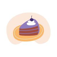 morceau de gâteau au chocolat avec cerise au marasquin. illustration vectorielle plane dans des couleurs tendance, isolée sur fond blanc. vecteur