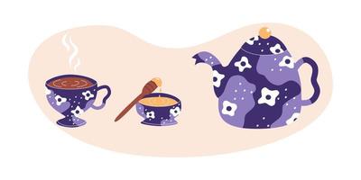 service à thé avec éléments de cérémonie. miel, pot et tasse. céramique florale rétro. illustration vectorielle plane dans des couleurs tendance.