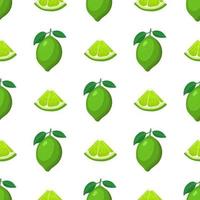 modèle sans couture avec des tranches de citron vert exotiques fraîches et lumineuses entières et coupées sur fond blanc. fruits d'été pour un mode de vie sain. fruits bio. style bande dessinée. illustration vectorielle pour toute conception. vecteur