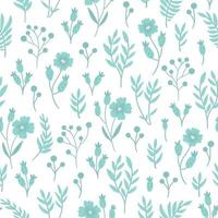 fond transparent floral bleu de vecteur. illustration tendance simple et plate dessinée à la main avec des fleurs et des feuilles. motif répétitif avec prairie, jardin, plantes forestières. vecteur