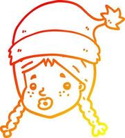 ligne de gradient chaud dessinant une fille de dessin animé portant un chapeau de noel vecteur