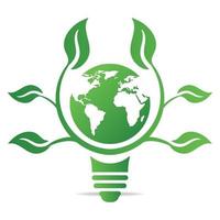 concept d'écologie avec ampoule, terre et feuilles. économiser le symbole de signe d'icône d'énergie. recycler le logo. illustration vectorielle pour toute conception. vecteur