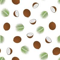 modèle sans couture avec noix de coco entière exotique brune détaillée de dessin animé, moitié et feuille verte. fruits d'été pour un mode de vie sain. fruits bio. illustration vectorielle pour toute conception. vecteur